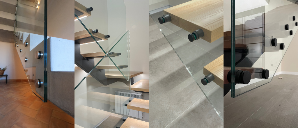 Diferentes modelos de barandillas con vidrio instaladas en escaleras