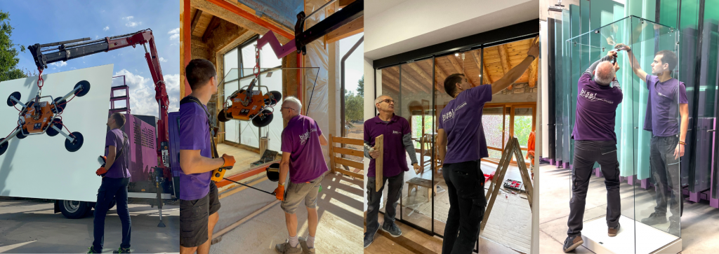 El equipo de la cristalería en acción realizando la instalación o comprobación en trabajos con vidrio